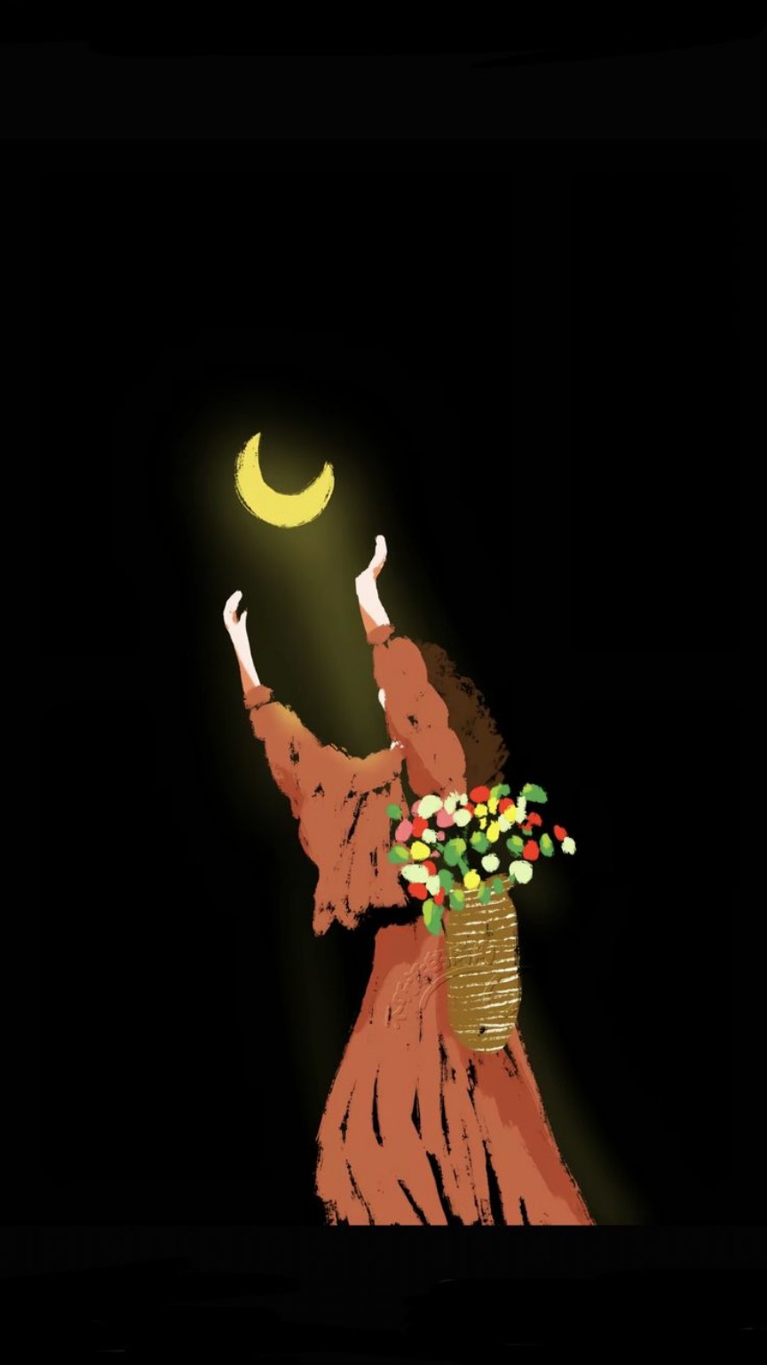 Figurë e pikturuar që ngre duart drejt një hëne të ndritshme
